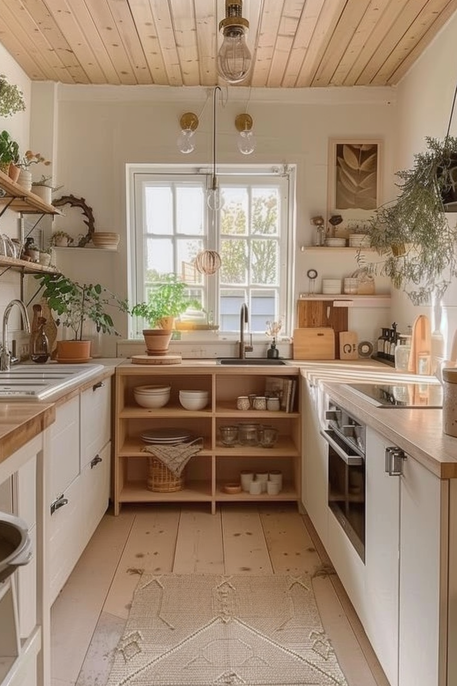Cozy kitchen interior with wooden shelving, white cabinets, hanging plants, and decorative lighting above a central window.