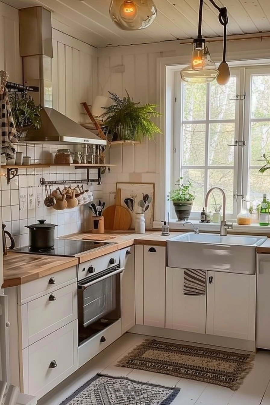 A cozy cottage kitchen with white cabinetry, wooden countertops, tiled backsplash, and hanging plants near a bright window.