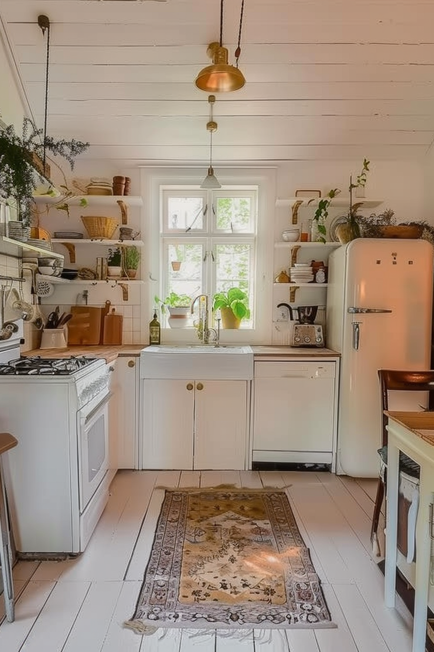 A cozy vintage kitchen interior with white cabinets, a retro fridge, gas stove, and a decorative rug on the floor, illuminated by natural light.