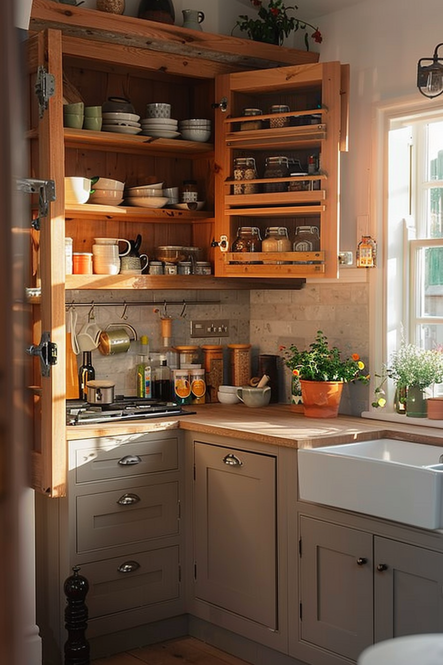 Cozy kitchen interior with wooden shelves open revealing dishes and jars, a sunny window with plants, and grey cabinets.