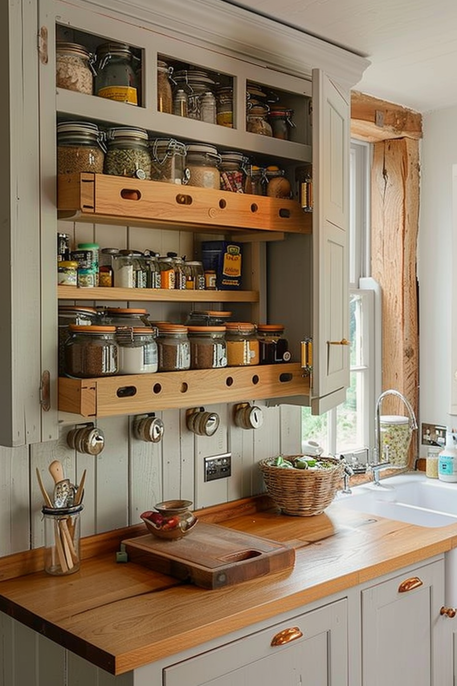 ALT text: A cozy kitchen interior featuring an open wooden cabinet with various jars of spices and ingredients, a chopping board, and a basket by a window.