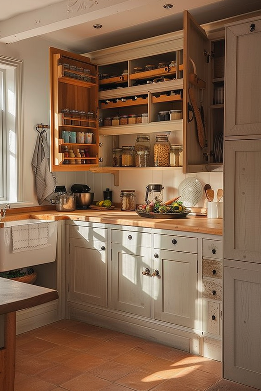 ALT: Sunlight streams onto a tidy kitchen corner with open wooden shelves filled with jars and spices, and a counter with cooking utensils.