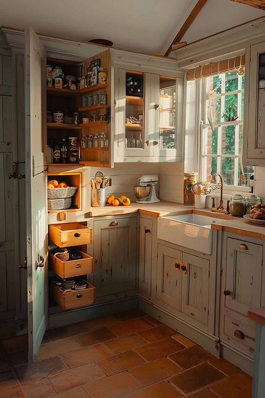 A cozy country-style kitchen with wooden cabinets, terracotta floor tiles, and sunlight streaming through a window.