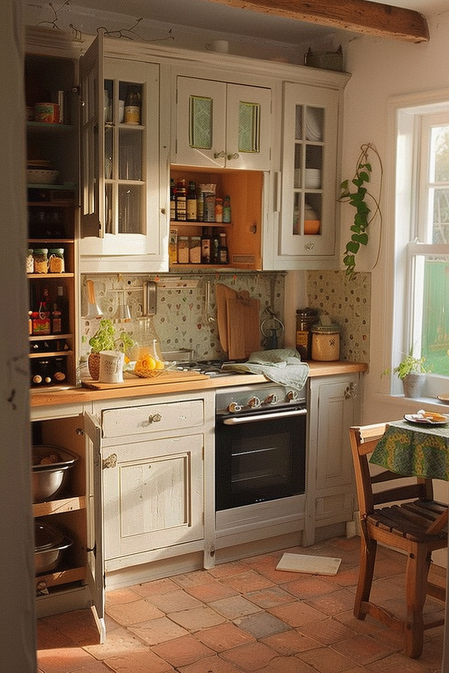 Cozy, sunlit kitchen with open cabinets, a plant, terracotta floor tiles, and vintage-style appliances.