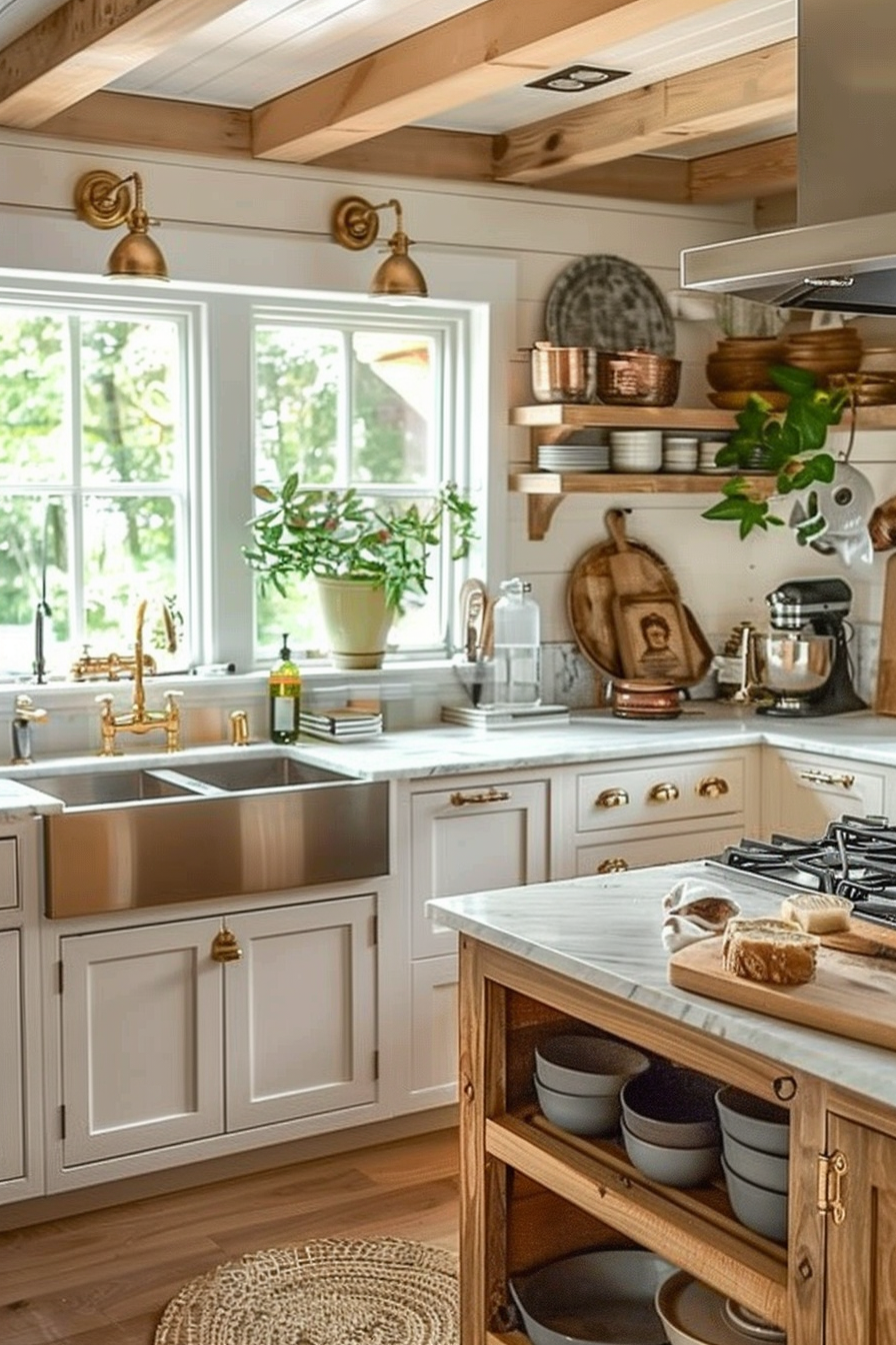 Cozy kitchen interior with wooden accents, floating shelves, brass fixtures, and marble countertops bathed in natural light.