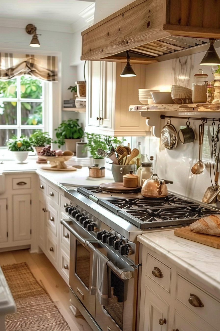 Alt text: Cozy, well-equipped kitchen interior with a vintage aesthetic, featuring white cabinets, a stainless steel stove, wooden shelves, and greenery.
