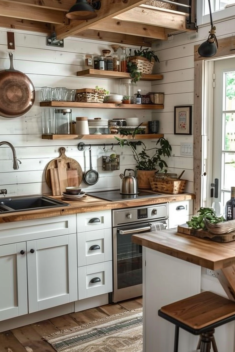 Cozy, rustic kitchen with white cabinetry, wooden countertops, open shelves, and hanging copper pots.