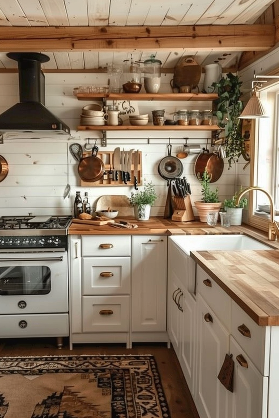 Cozy rustic kitchen interior with wooden countertops, white cabinets, open shelving, and hanging copper pans.