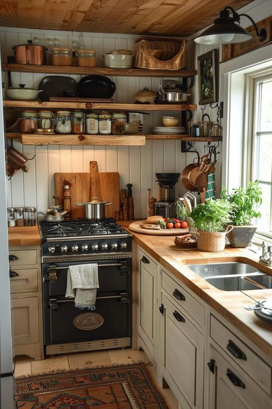 Cozy kitchen interior with wooden shelves, utensils, a vintage-style black stove, a sink, and potted herbs on the counter.