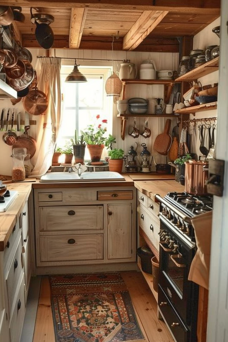 Cozy rustic kitchen with wooden shelves, hanging copper pots, and plants near a window, featuring a classic stove and patterned rug.
