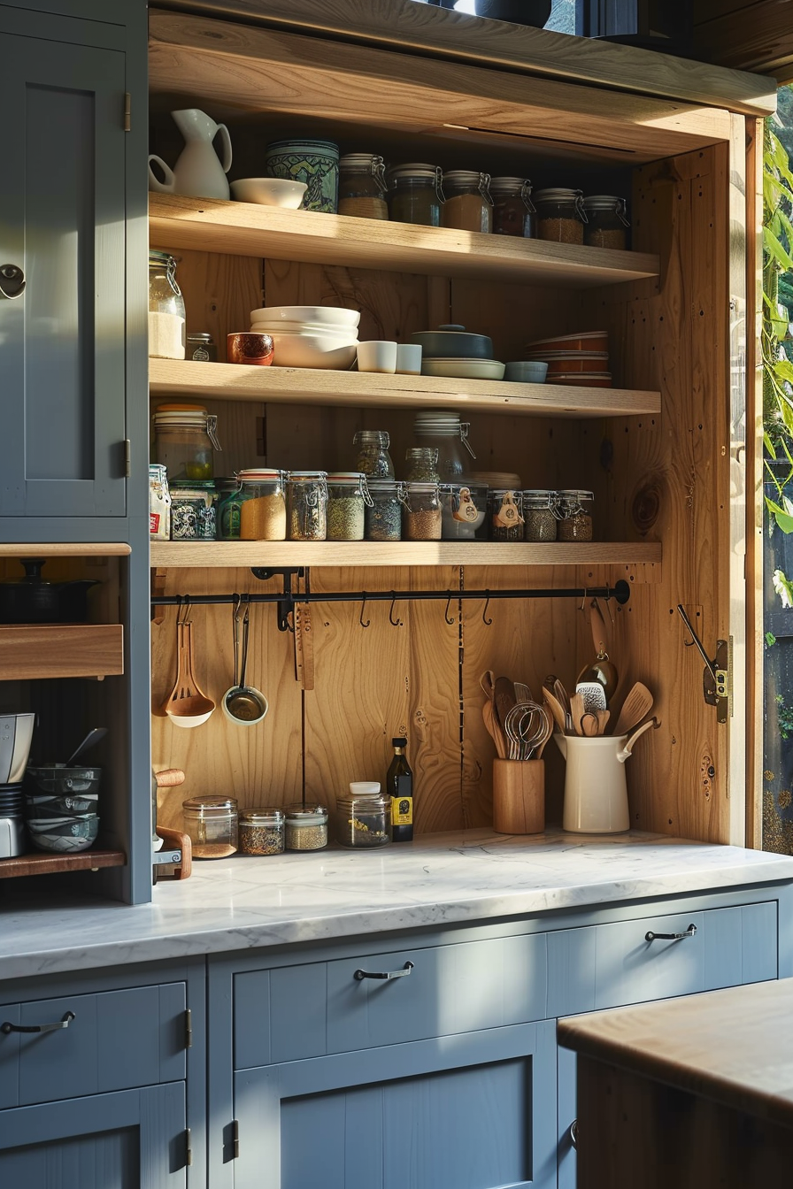 ALT text: A cozy kitchen corner with open wooden shelves storing jars of dry goods, dishes, and utensils, above a blue-gray cabinet with a marble countertop.