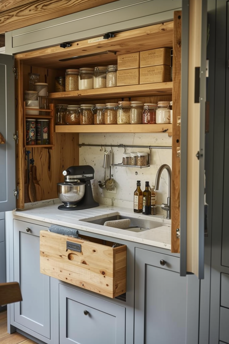 A cozy kitchen corner with open wooden shelves stocked with jars of dry goods and kitchen equipment by the sink.