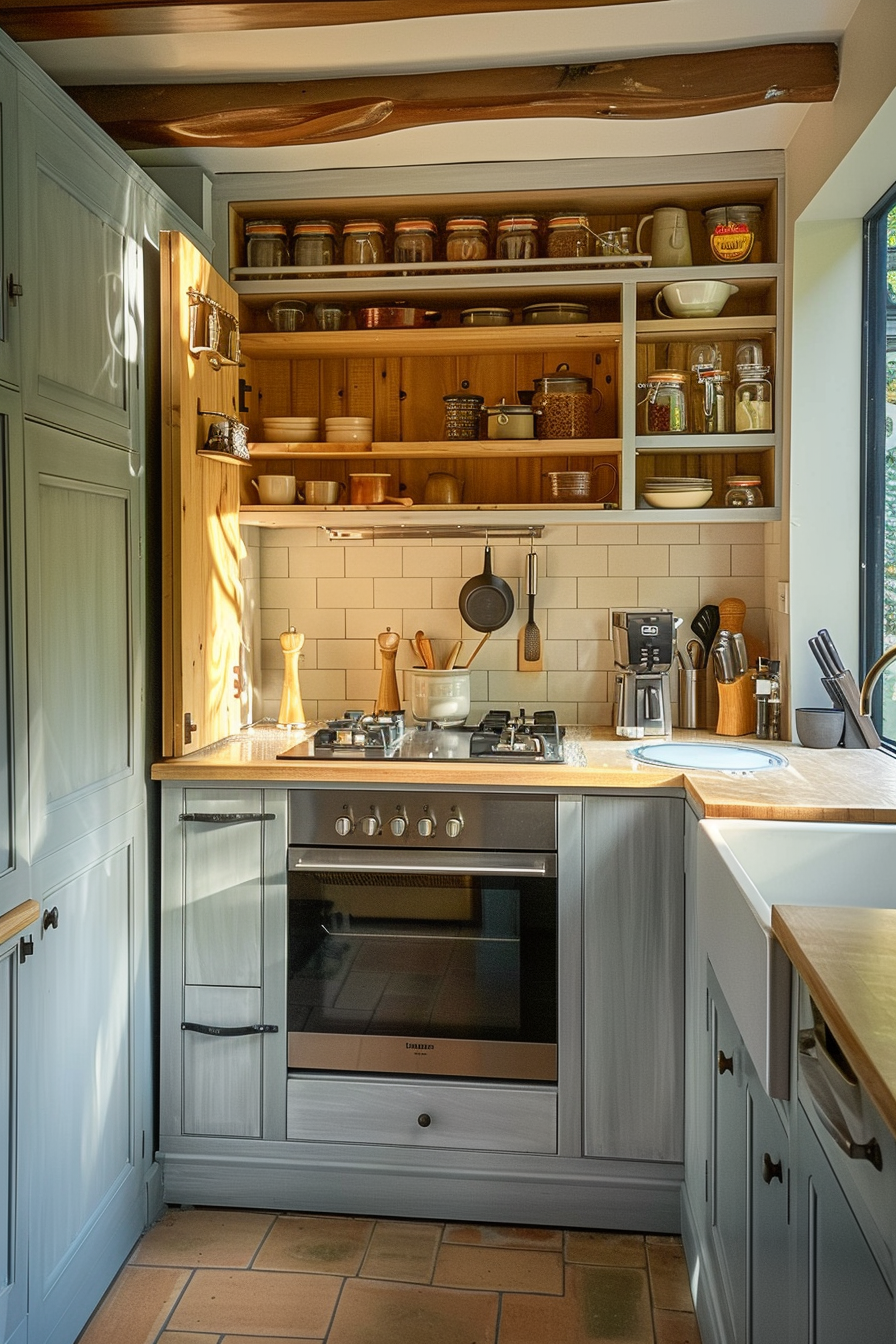 Cozy kitchen interior with wooden shelves filled with jars, sunlight casting warm glow, modern appliances, and terracotta tiled floor.