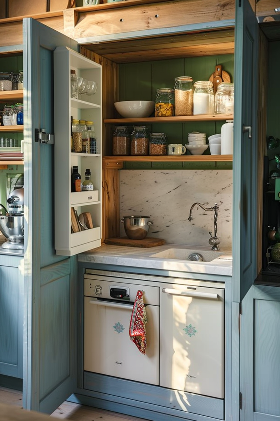 A cozy kitchen corner with blue cabinets, wooden countertops, and shelves stocked with jars and dishes, featuring a dishwasher and a mixer.