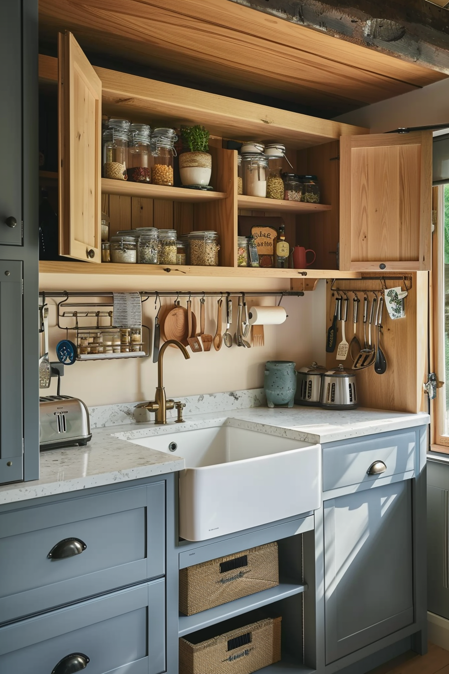 A cozy kitchen corner with open wooden shelves stocked with jars, utensils hanging below, and a farmhouse sink with brass faucet.