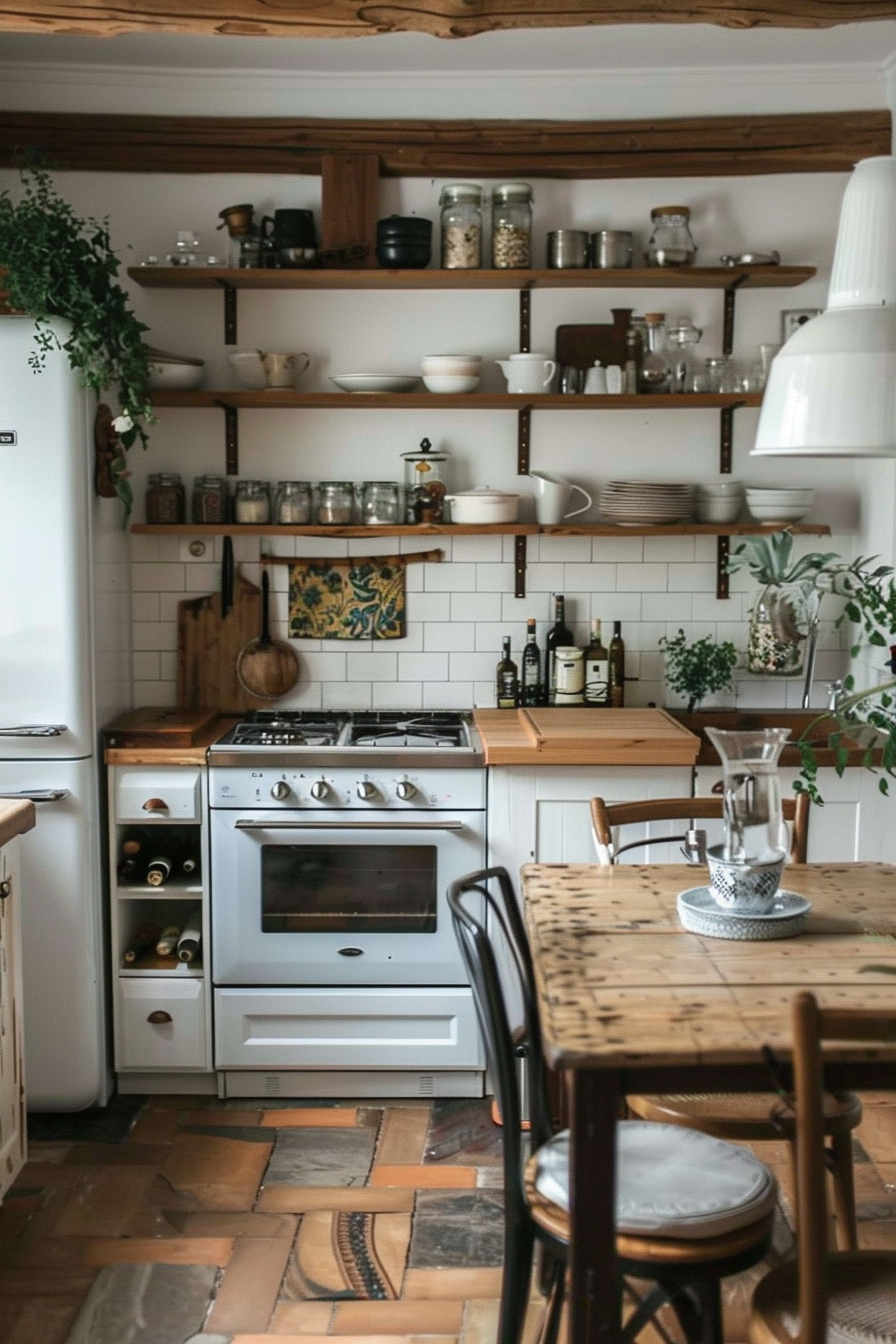 A cozy kitchen with open wooden shelves, white appliances, a rustic table, and terracotta floor tiles.