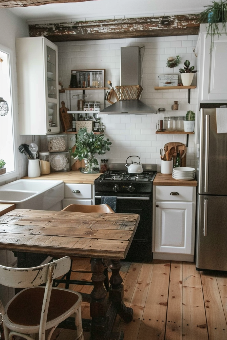 Cozy rustic kitchen with wooden furniture, white cabinetry, subway tile backsplash, and modern appliances.