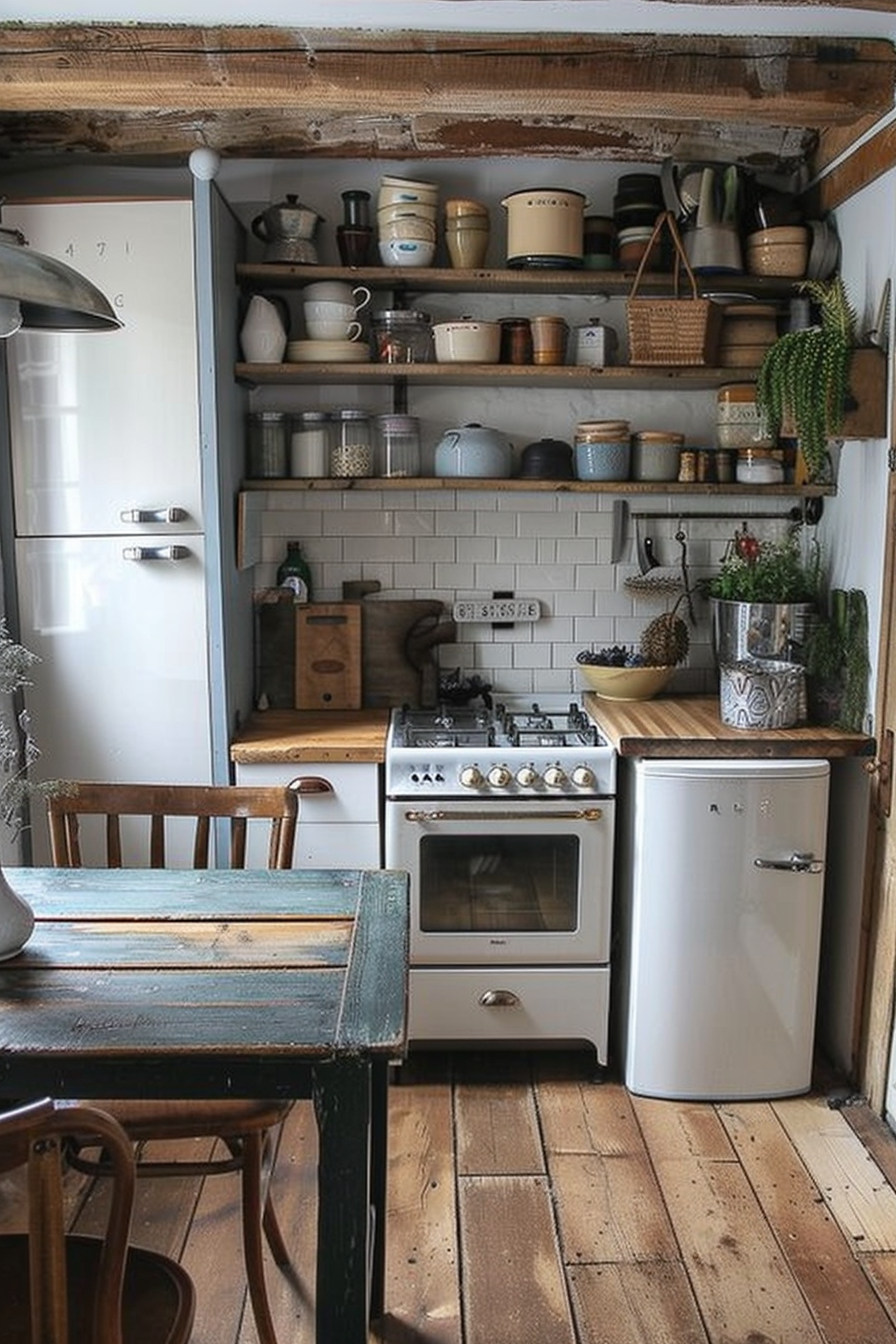 Cozy rustic kitchen interior with a variety of pots on open shelving, a vintage table, classic stove, and retro refrigerator.