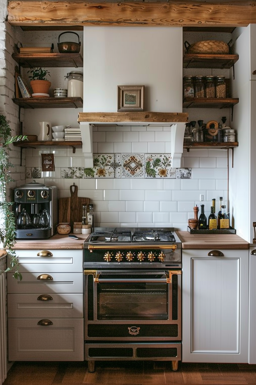 Cozy kitchen interior with wooden shelves, vintage black and gold stove, white cabinetry, and decorative tiled backsplash.