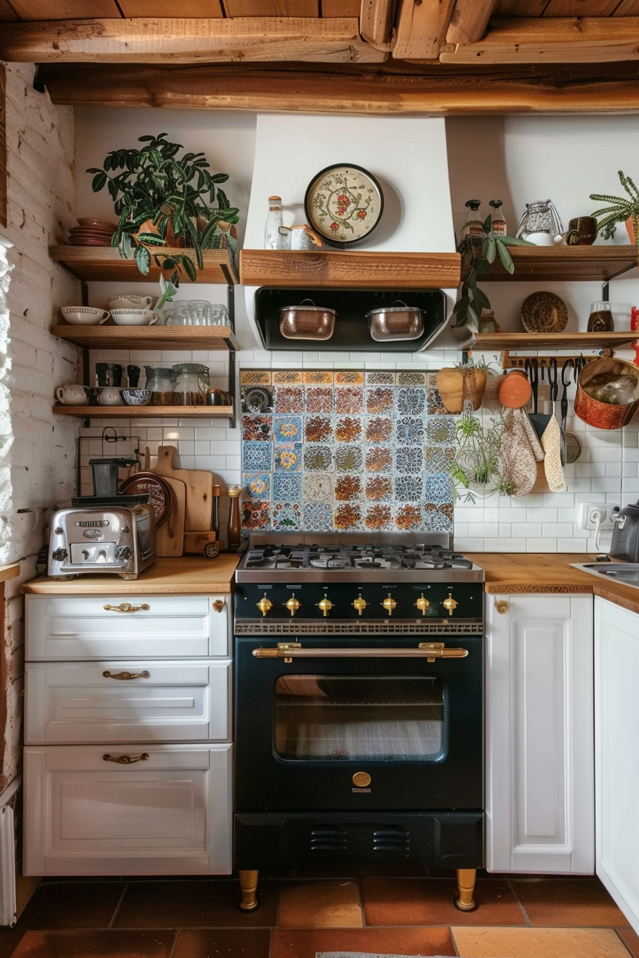 Cozy rustic kitchen with terracotta floor tiles, white cabinetry, a vintage-style black range, and open wooden shelves decorated with ceramics.