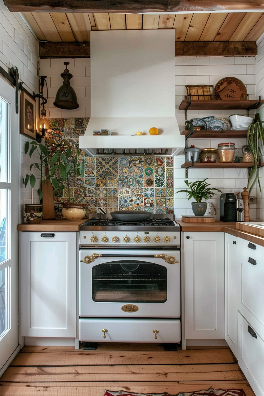 Cozy kitchen interior with white cabinets, vintage stove, colorful backsplash tiles, and wooden details.