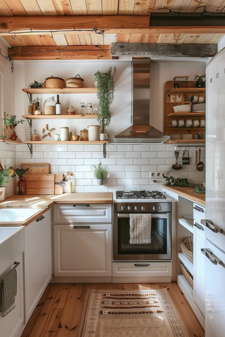 Cozy kitchen interior with white cabinets, wooden countertops, subway tiles, and exposed beams. Stainless steel appliances and open shelving add charm.