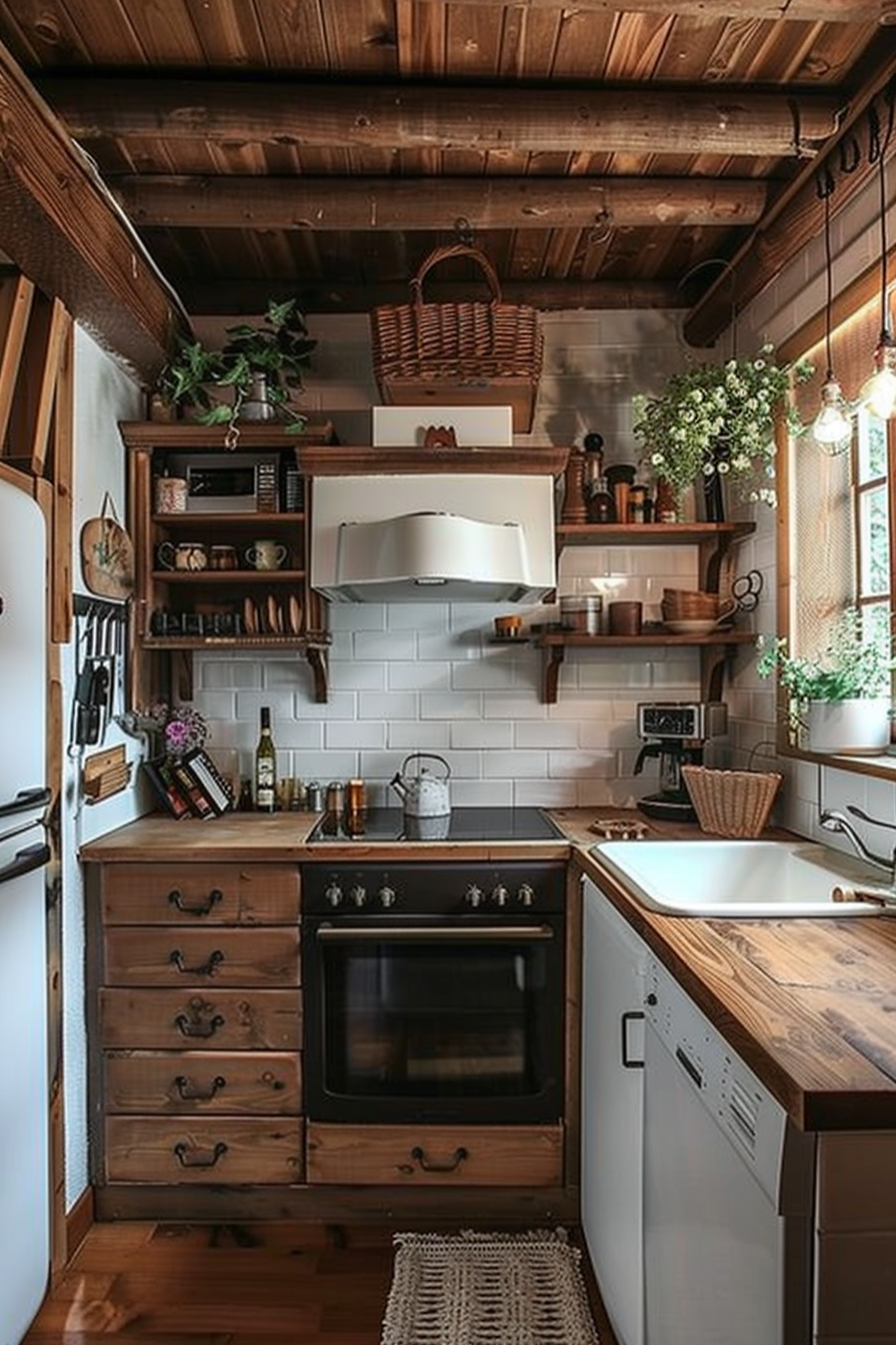 Rustic kitchen interior with wooden cabinets, shelves, a white subway tile backsplash, and modern appliances.