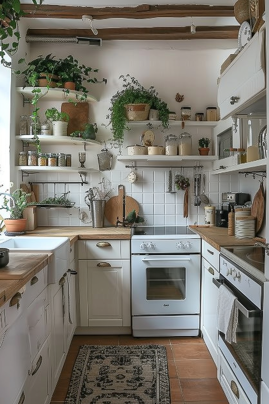 Rustic kitchen interior with white cabinets, wooden countertops, and numerous potted plants on open shelves.