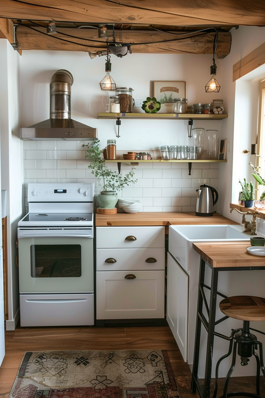 Cozy kitchen interior with white cabinets, wooden countertops, subway tiles, and rustic decor elements.