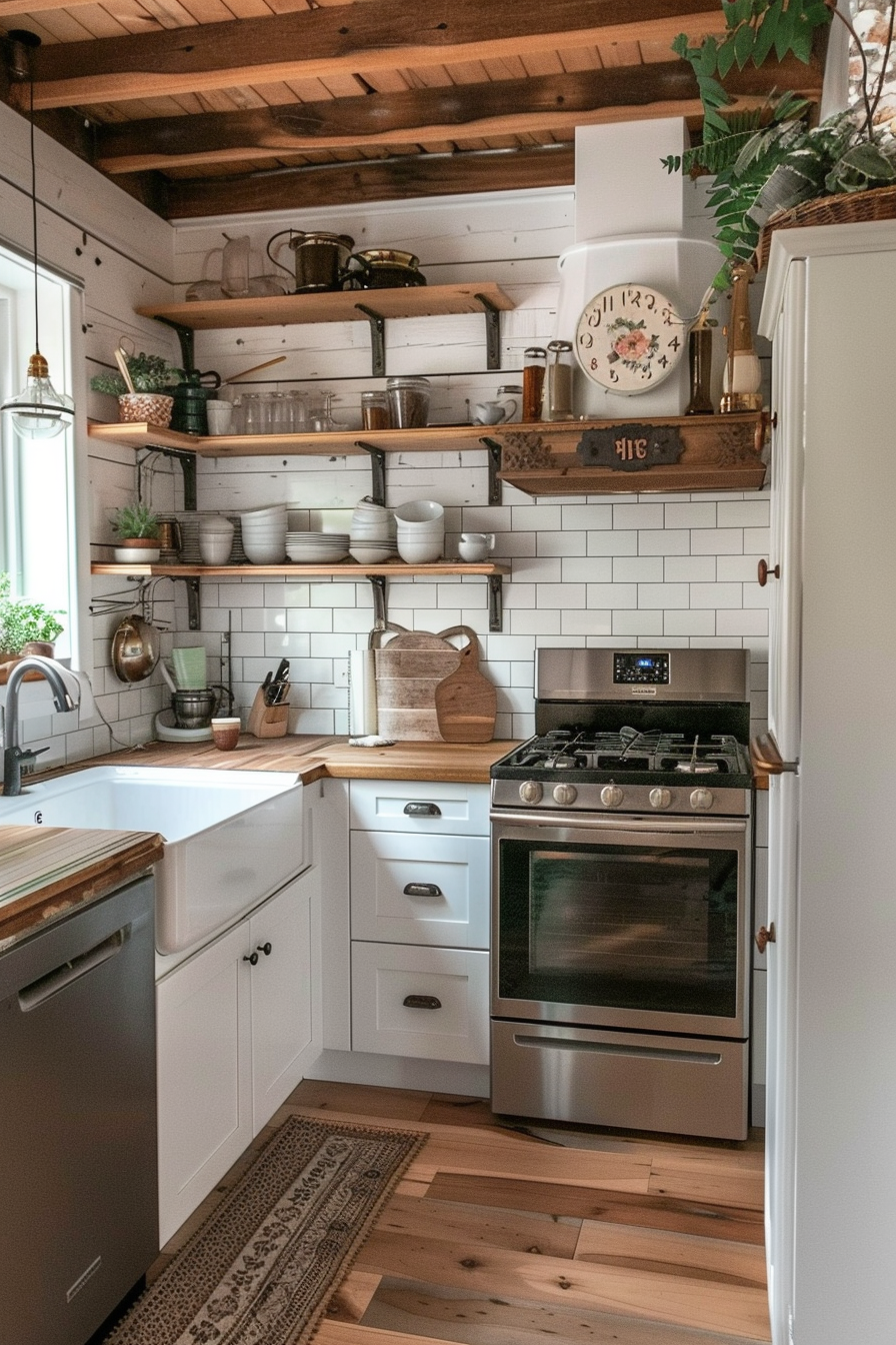Cozy cottage-style kitchen interior with white cabinetry, wooden countertops, floating shelves, and subway tiles.