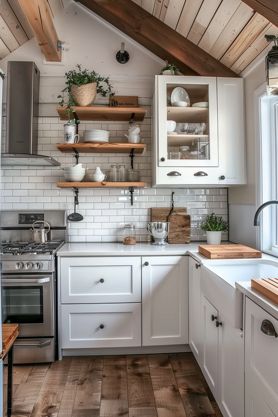 Cozy kitchen interior with white cabinetry, subway tile backsplash, wooden countertops, floating shelves, and stainless steel appliances.