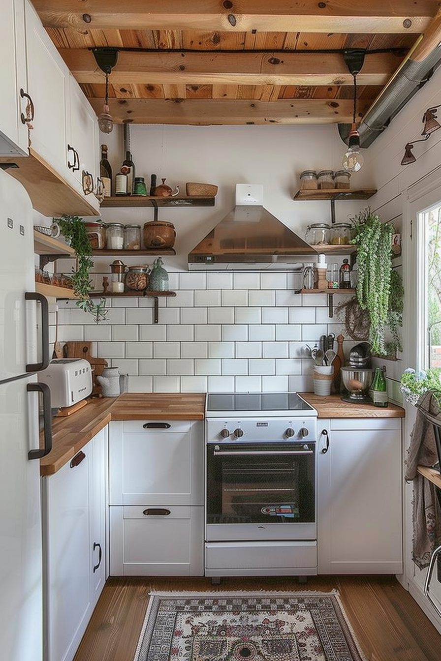 Cozy kitchen interior with white cabinets, wooden countertops, subway tiles, and hanging plants with exposed wooden ceiling beams.