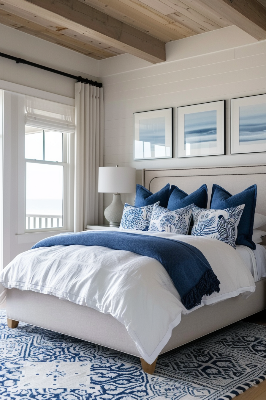 Cozy bedroom with white shiplap walls, beamed ceiling, blue and white bedding, framed artwork above bed, and a patterned blue rug.