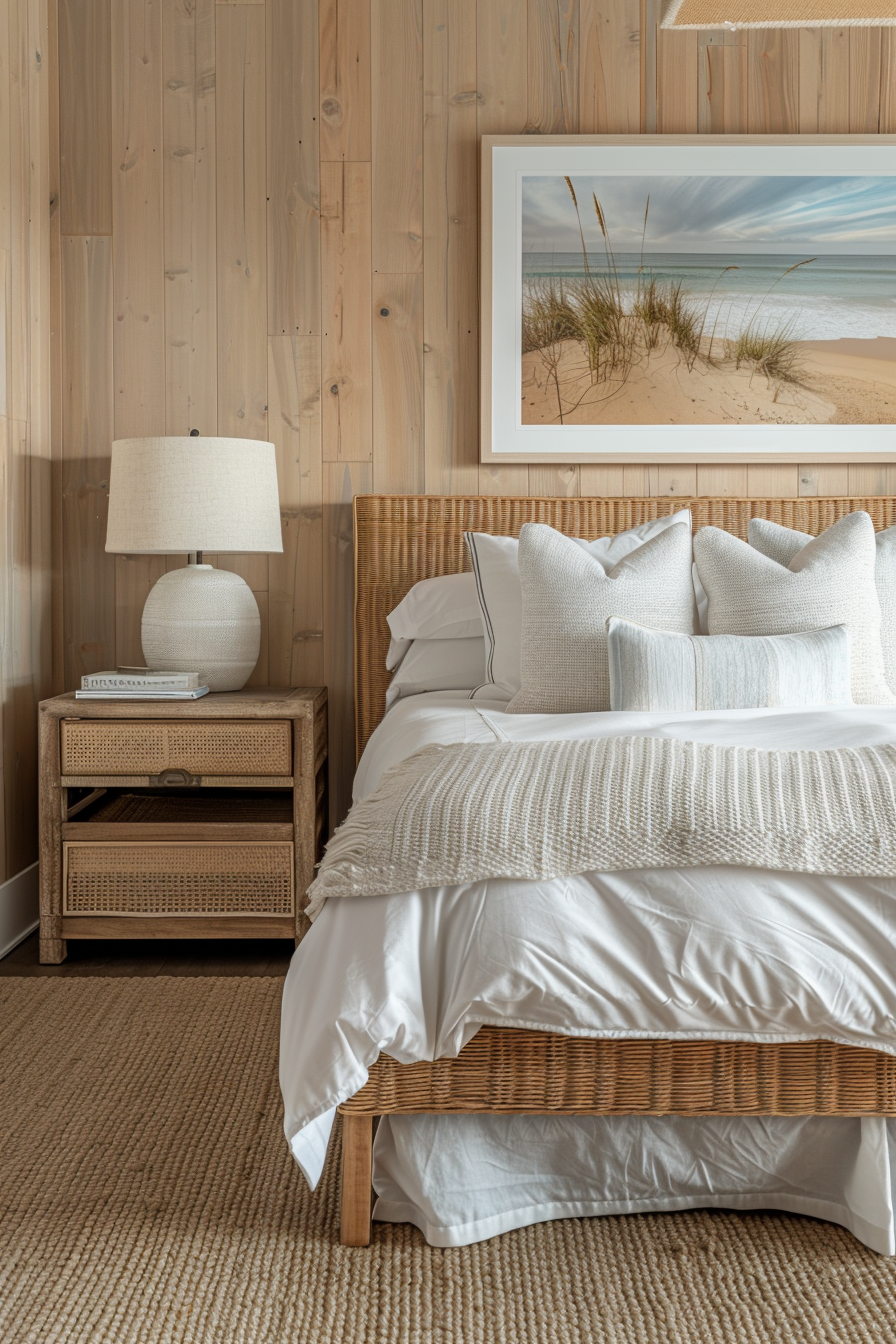 Cozy bedroom with wooden wall paneling, a wicker nightstand, a lamp, and framed beach photo above the bed with white linens.