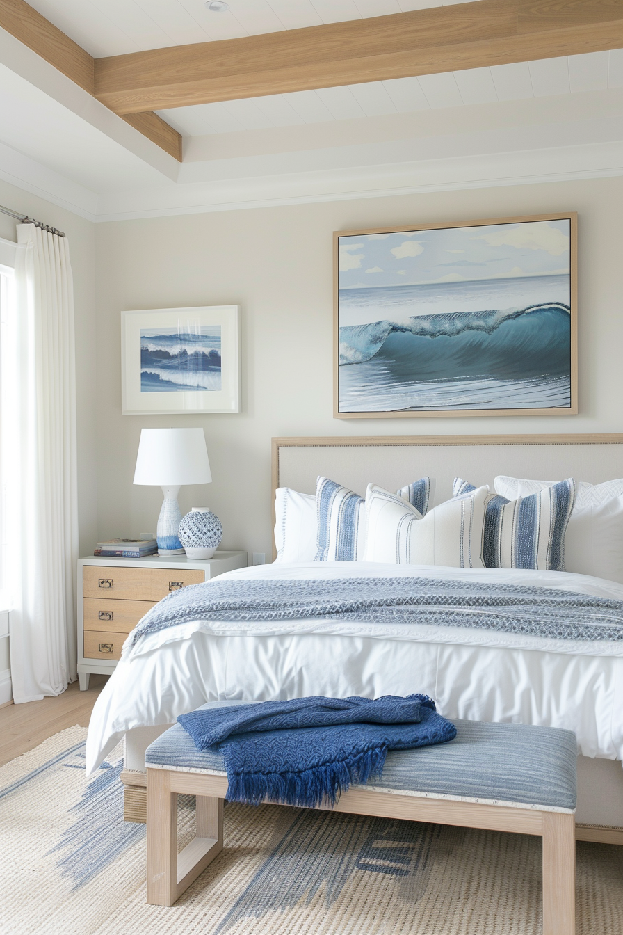 A serene bedroom with a neatly made bed, ocean-themed artwork, wooden furniture, and blue accents including a throw blanket.