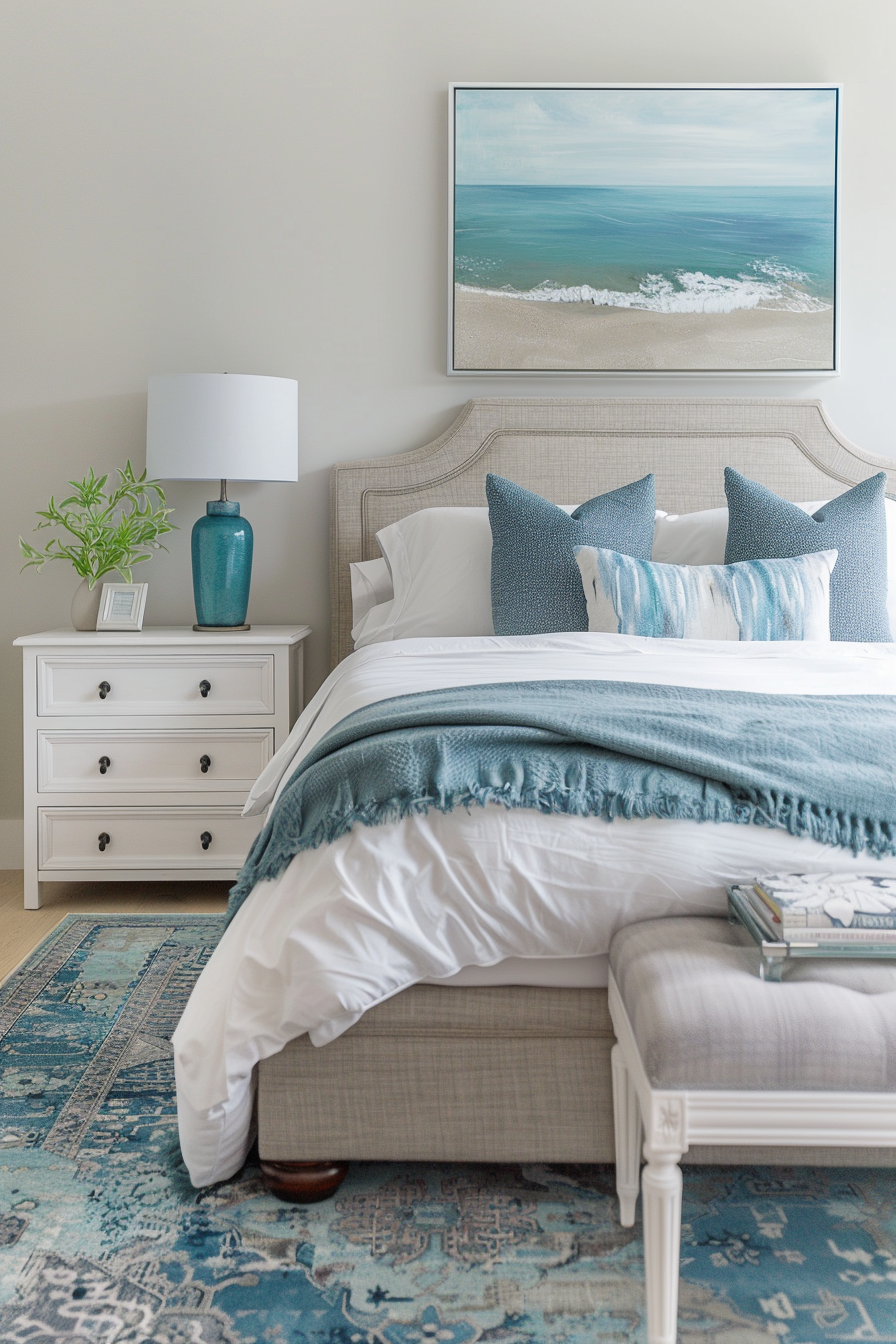 ALT: A serene bedroom with a beige upholstered headboard, white bedding, blue accents, a bedside table with a lamp, and a beach scene painting.