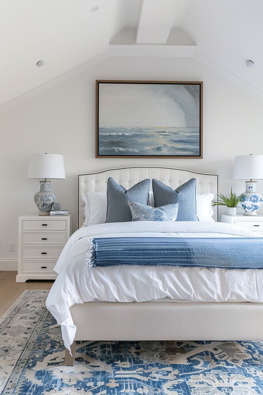 Elegant bedroom with a white upholstered bed, blue and white pillows, a framed ocean painting above the bed, and matching bedside lamps.