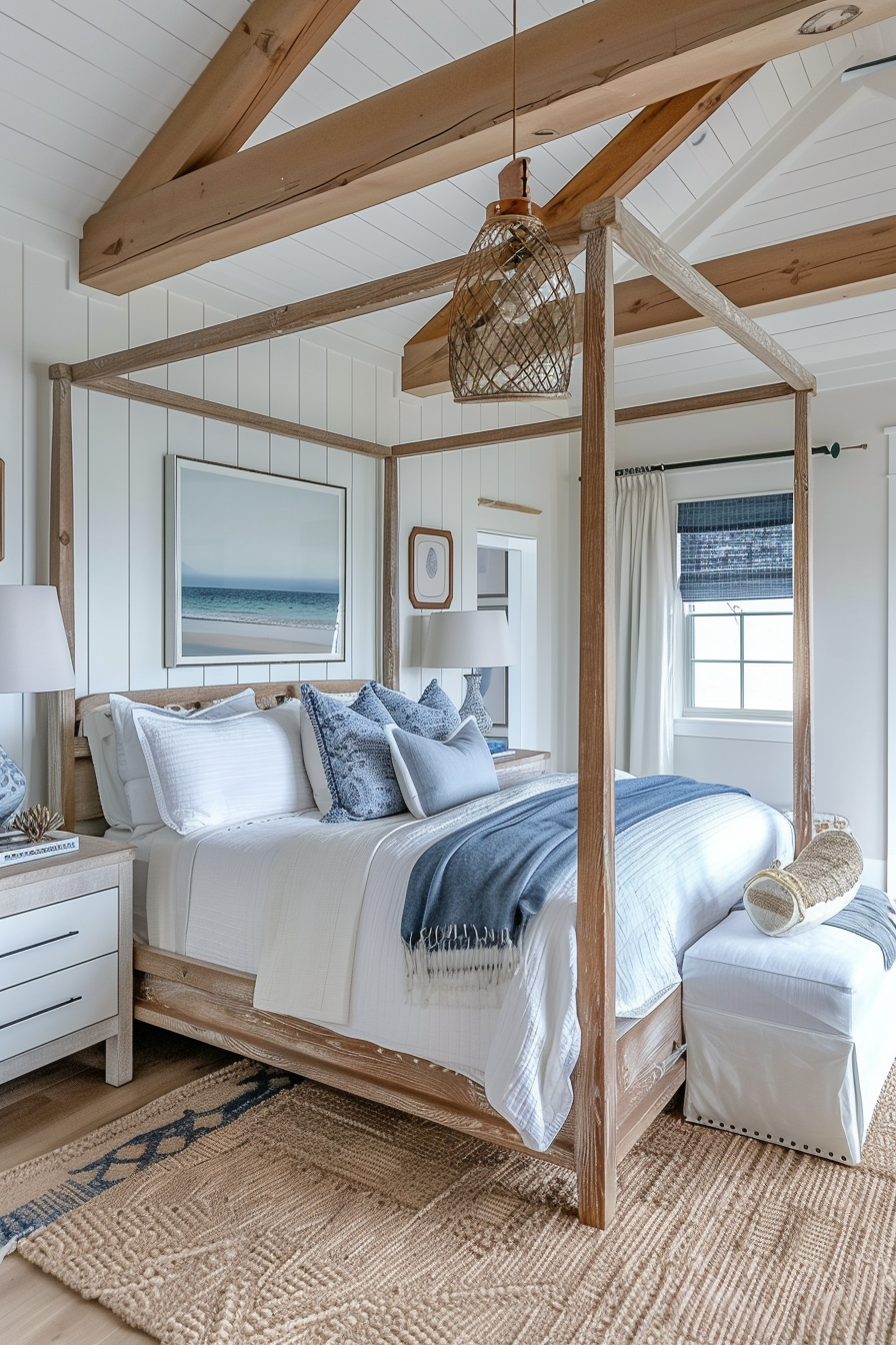 Cozy beach-style bedroom with a wooden four-poster bed, white and blue bedding, a wicker pendant light, and ocean-themed decor.