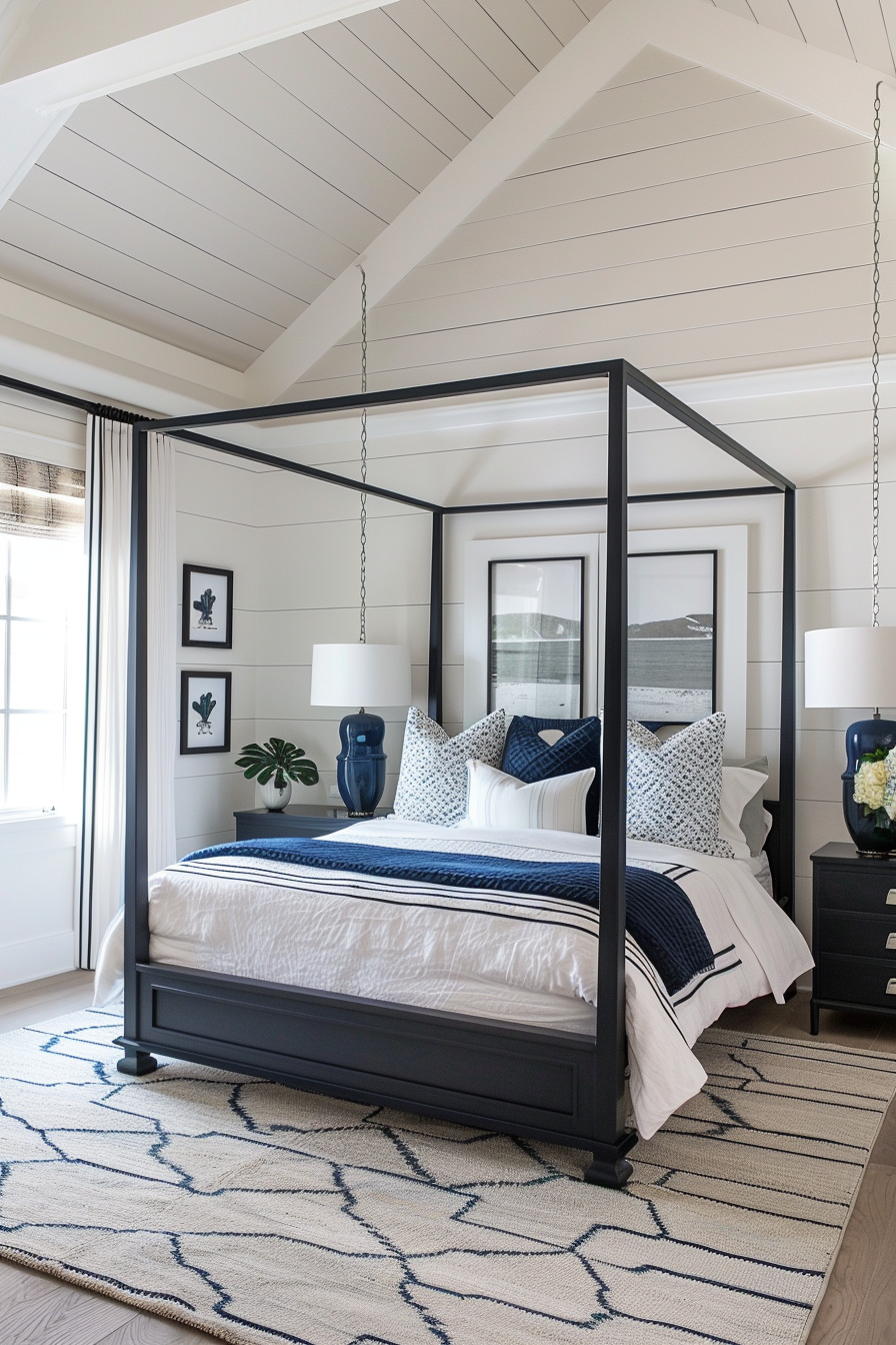 Elegant bedroom with a black four-poster bed, blue and white bedding, matching lamps, and wall art, under a white angled ceiling.