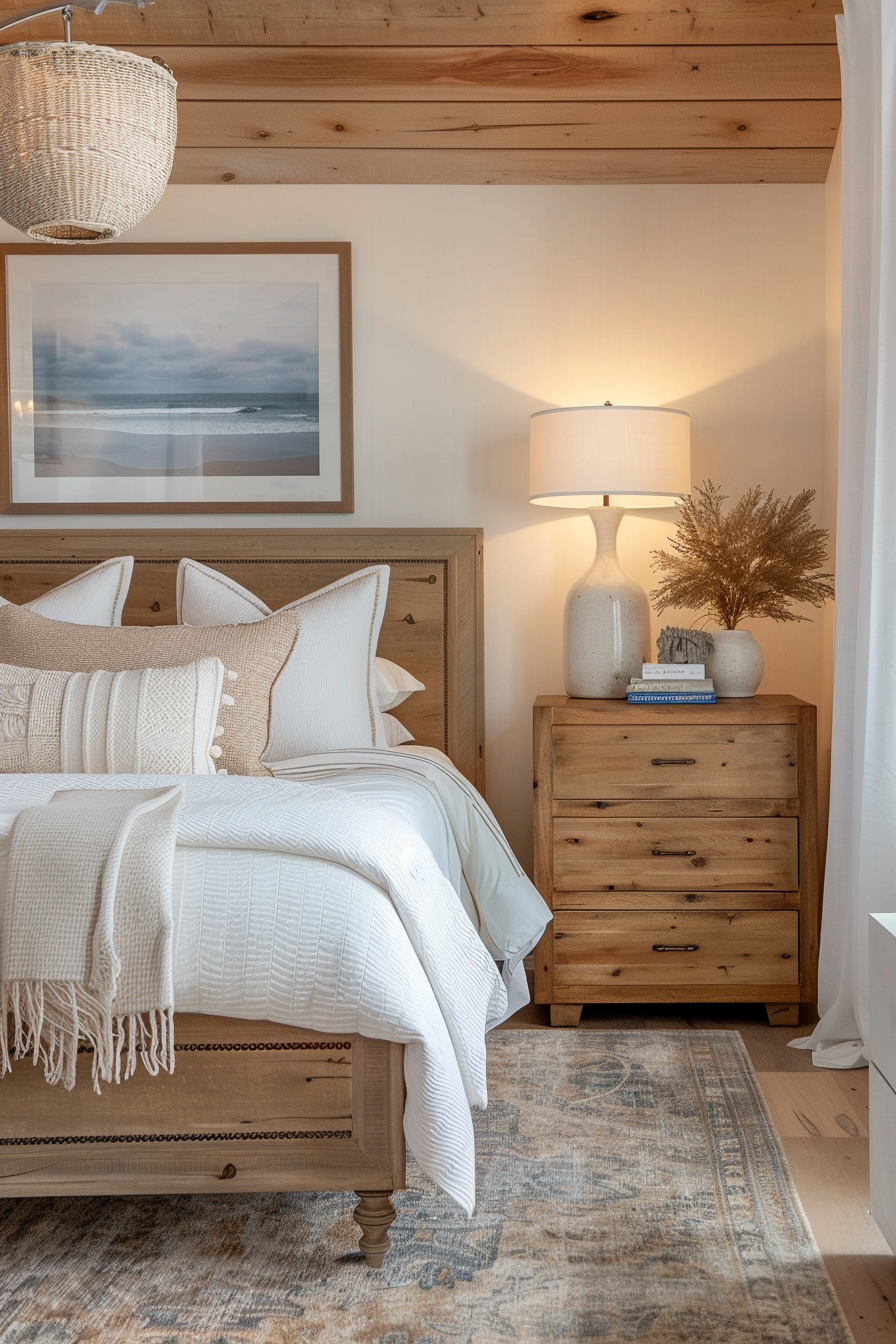 Cozy bedroom interior with a neatly made bed, wooden furniture, warm lighting, and a framed ocean artwork on the wall.