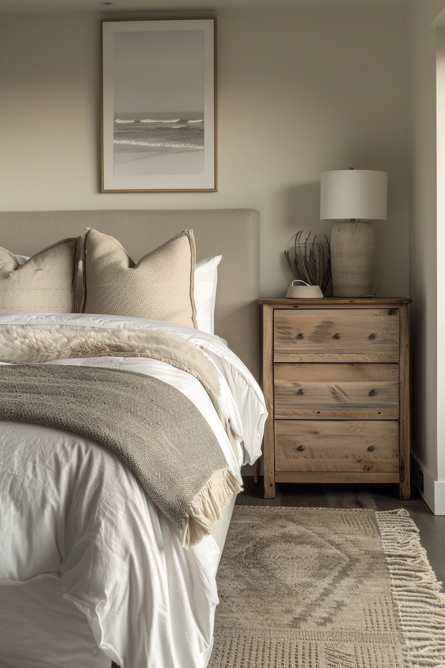 Cozy bedroom interior with neutral tones featuring a bed with pillows, a wooden bedside dresser, lamp, and a framed beach photograph.