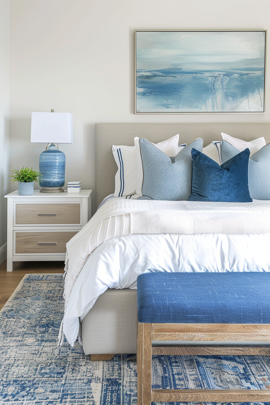 ALT: A cozy bedroom corner with a neatly made bed, blue and white pillows, a bedside table with a lamp and plant, and a blue-themed wall art.