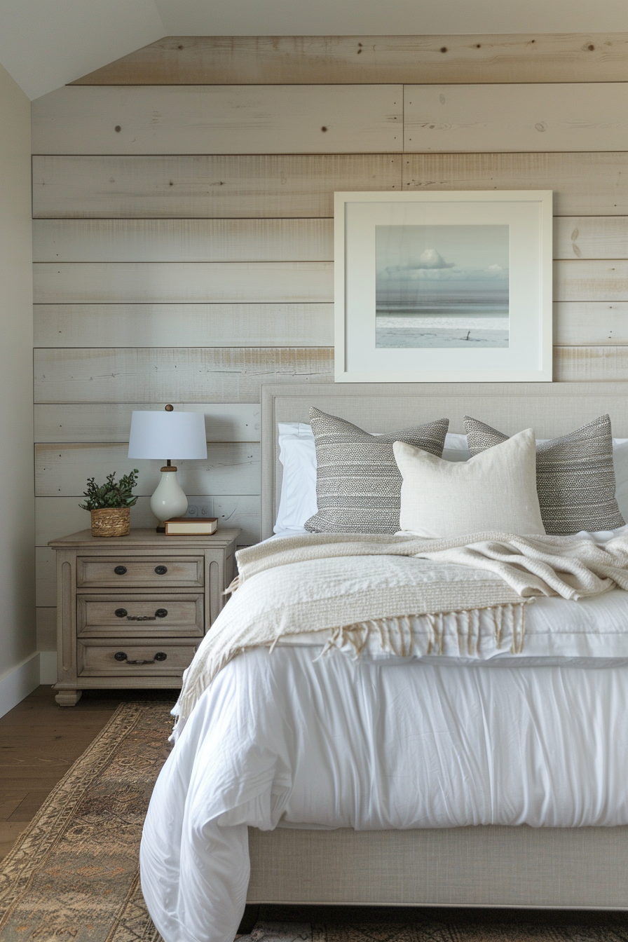 A cozy bedroom with a white bedspread, decorative pillows, wooden bedside drawer, lamp, framed art above, and a rustic wooden wall.