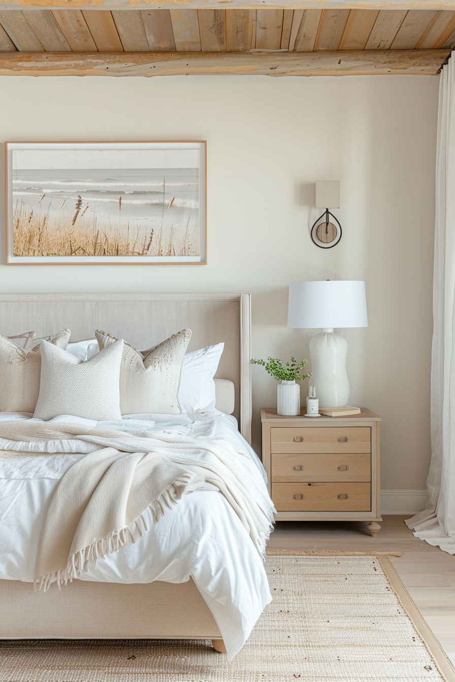 A cozy bedroom with neutral tones, an upholstered bed, a wooden nightstand, a beige rug, and a beach-themed framed art above the bed.