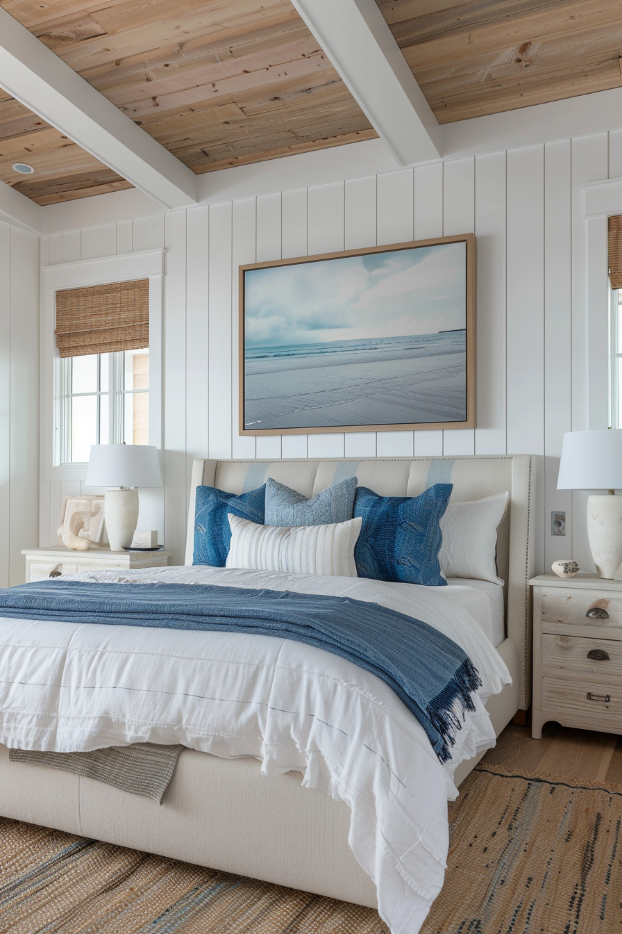 Cozy beach-themed bedroom with a white and blue color scheme, wooden ceiling, and a large framed picture of the ocean above the bed.