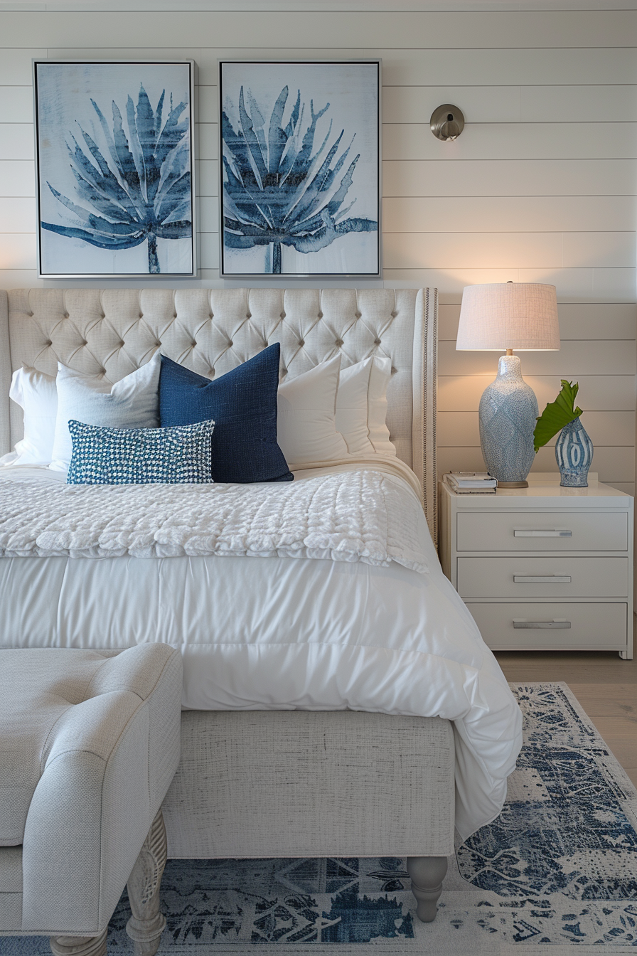 Cozy bedroom interior with a tufted headboard, white and blue bedding, decorative pillows, and framed botanical art above the bed.