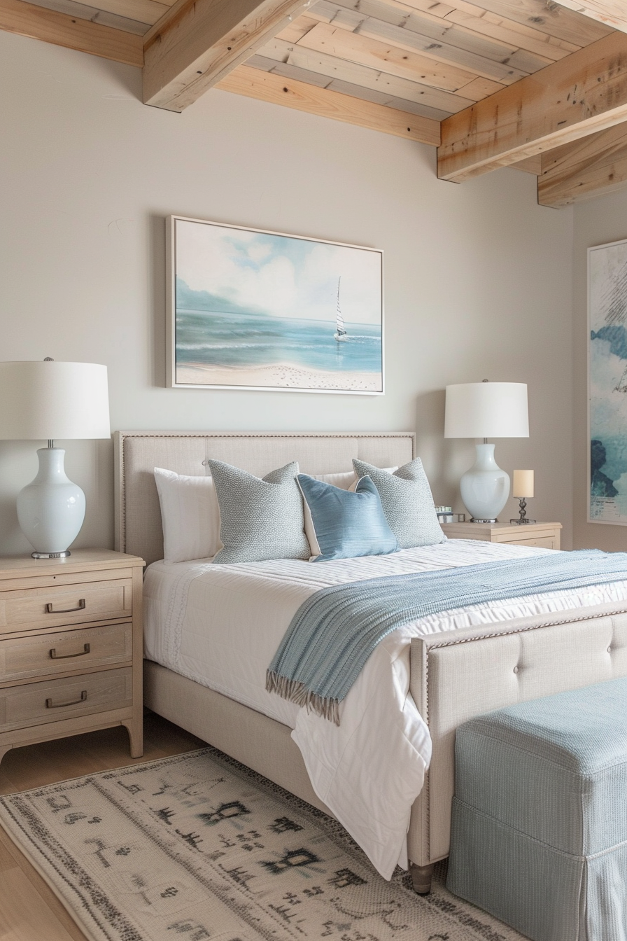 A cozy bedroom with a beige upholstered bed, white and blue bedding, wooden nightstands, table lamps, and a nautical-themed painting above the bed.