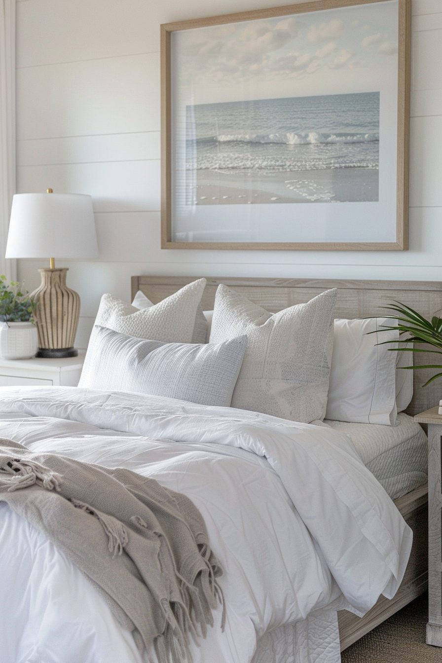 A cozy bedroom with a neatly made bed, decorative pillows, a white lamp, and a framed ocean print on the wall.