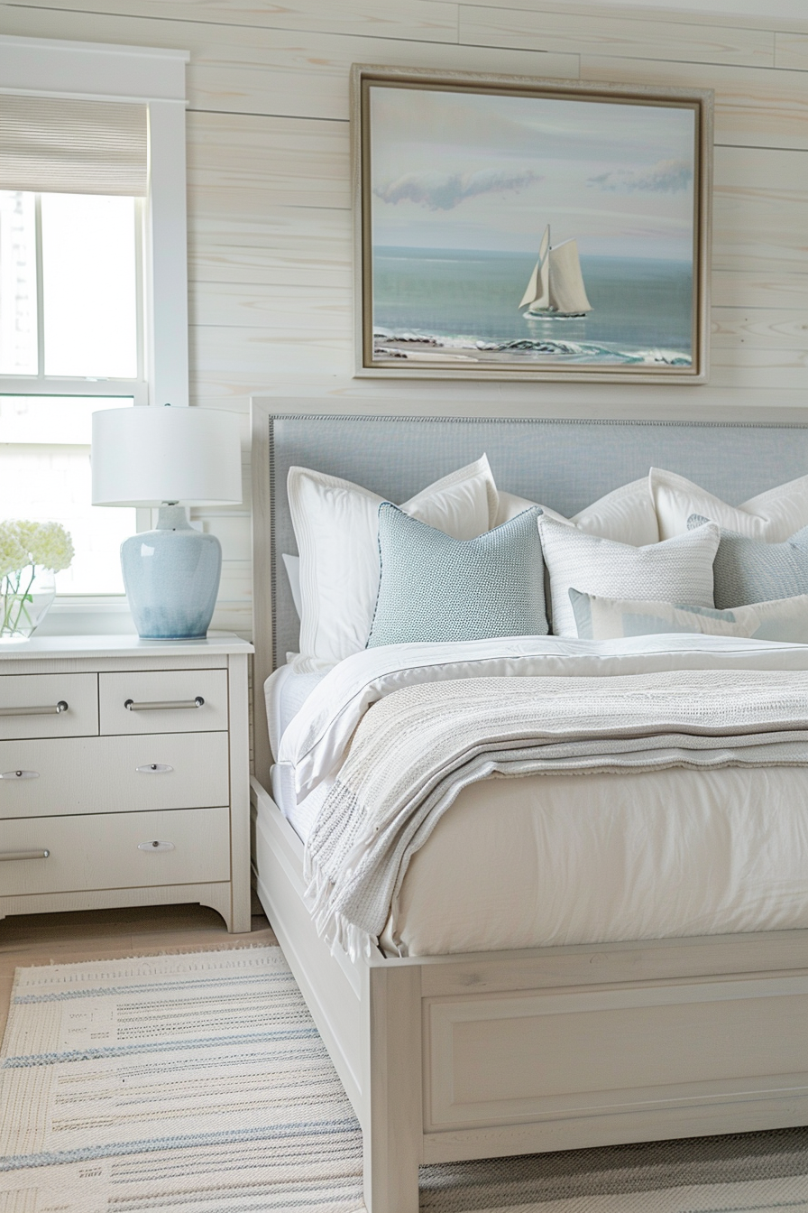 Coastal-themed bedroom with a white bed, pastel blue accents, a seaside painting, and a striped rug.