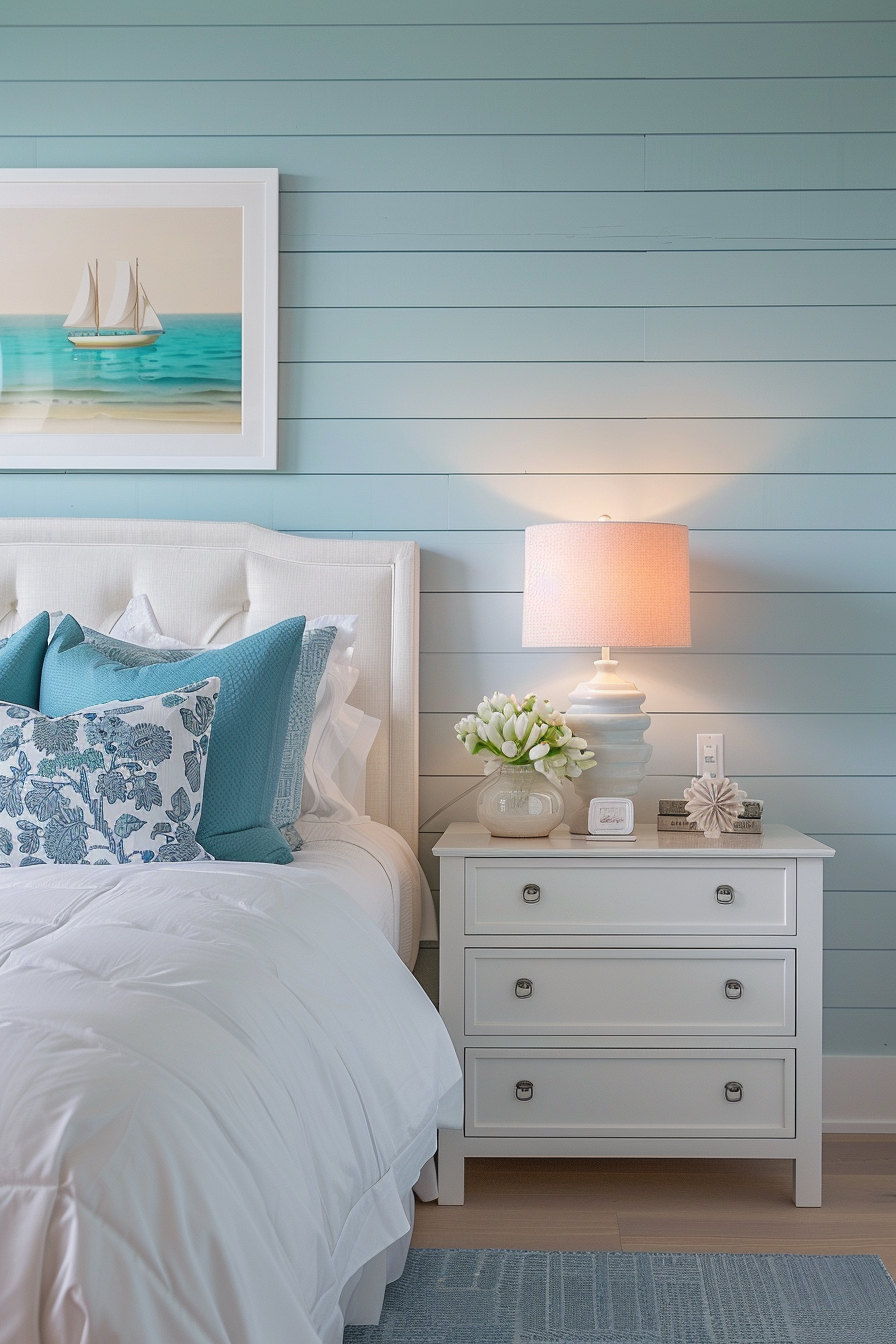 A cozy bedroom with a white bed, blue pillows, a lit lamp on a white nightstand, and a sailing boat picture on a blue wall.